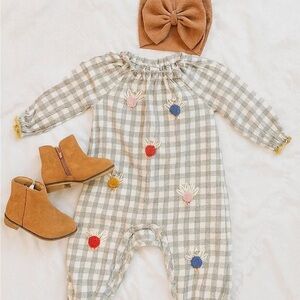 Mud Pie Baby Girls Embroidered Turkey Jumper Checkered Grey Size 6-9m